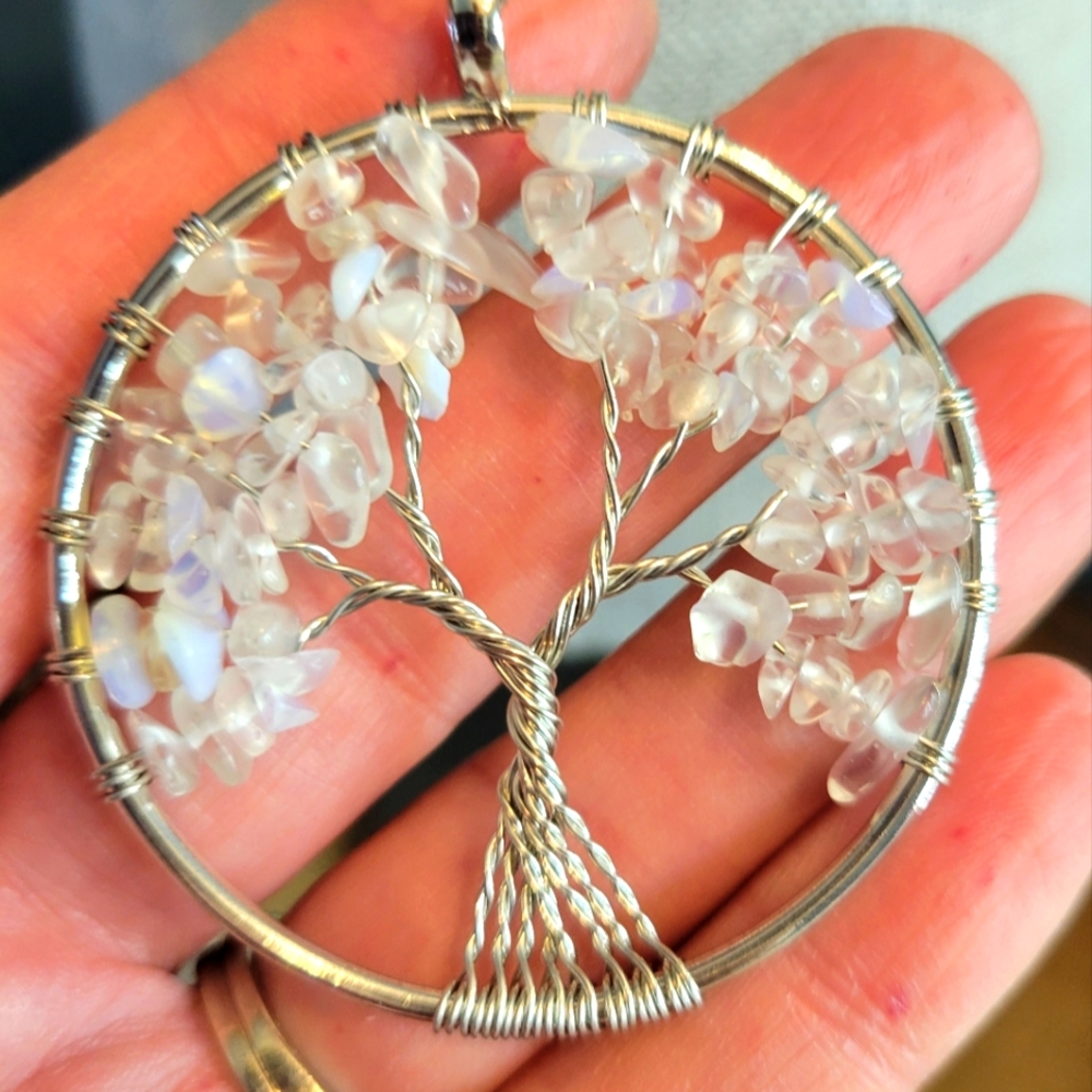 Handcrafted opaline quartz tree of life necklace-silver/white